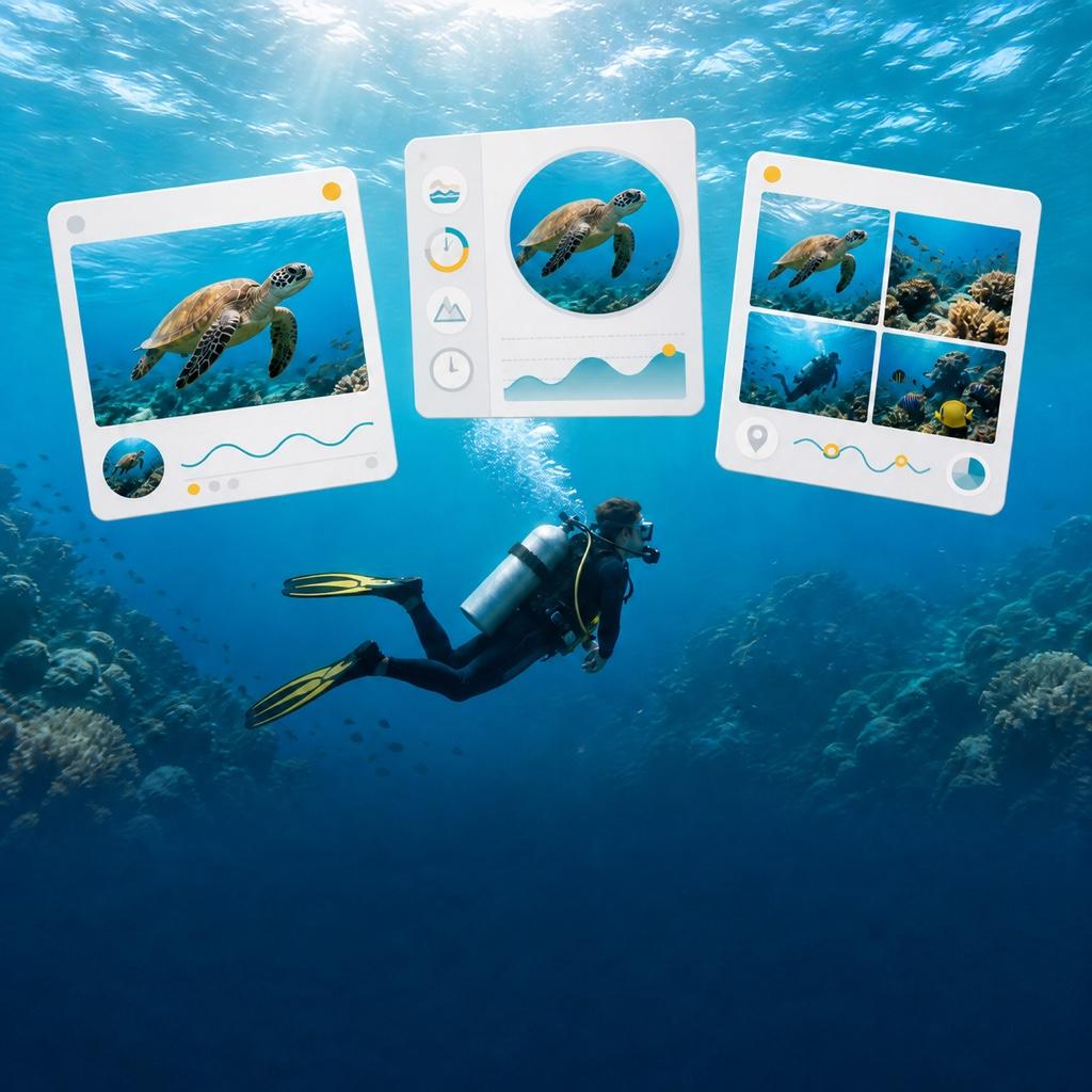 Three dive log cards floating above a scuba diver underwater